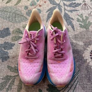 Hoka Clifton 9 Pink and Blue Athletic Shoes